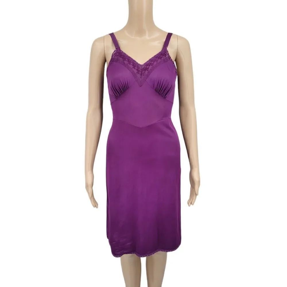 Vintage Slip Dress Upcycled Dyed Eggplant Purple with Lace and Embroidery Detail
